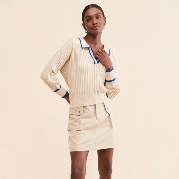Anthropologie Sancia The Atalie Polo Ribbed Knit Oversized Cream/Blue Sweater - Picture 3 of 13